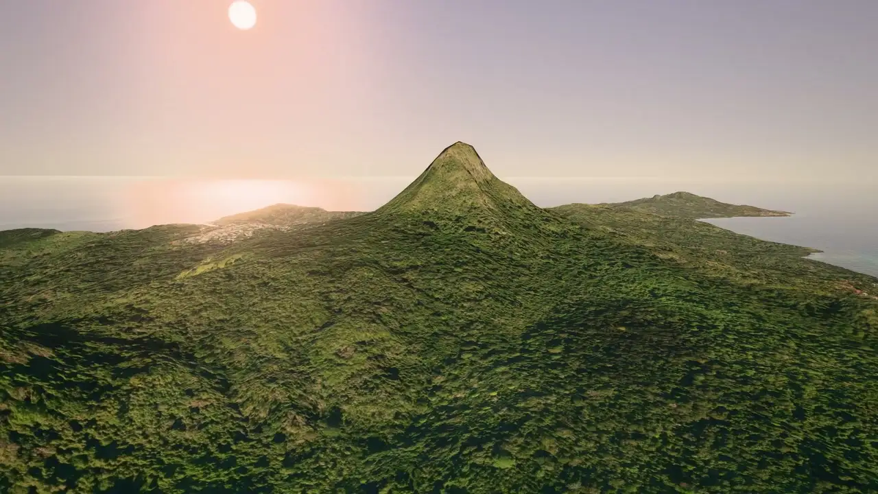Vue 3D du mont Choungui en fin de journée, la mer de part et d'autre.