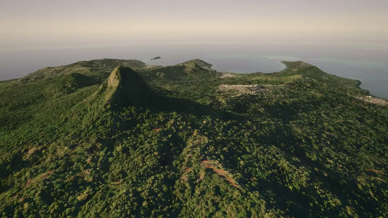 Vue 3D du sud de Mayotte depuis les hauteurs du Choungui, les villages au bord du lagon.