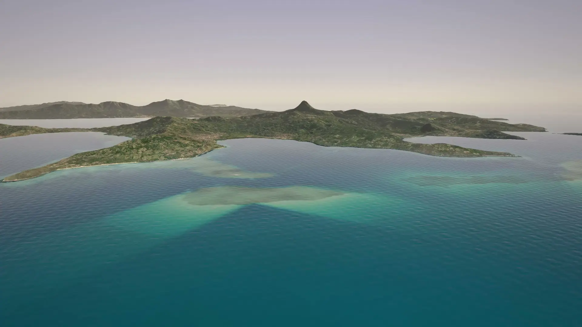 Vue 3D depuis le large : la côte sud de Mayotte et le mont Choungui.