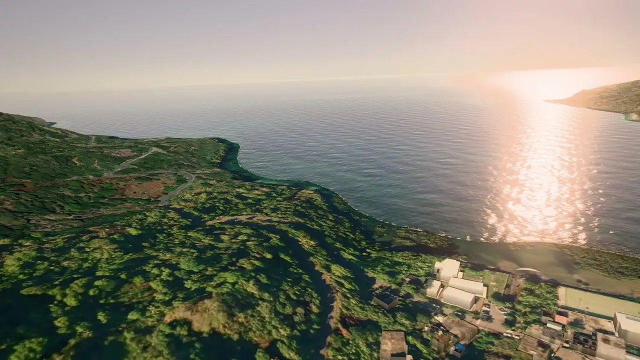 Vue 3D de la baie de Kani au coucher du soleil, le village au premier plan.