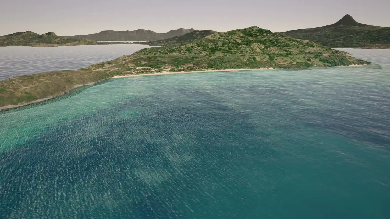 Vue 3D de la plage de N'Gouja, bordée d'eau turquoise.