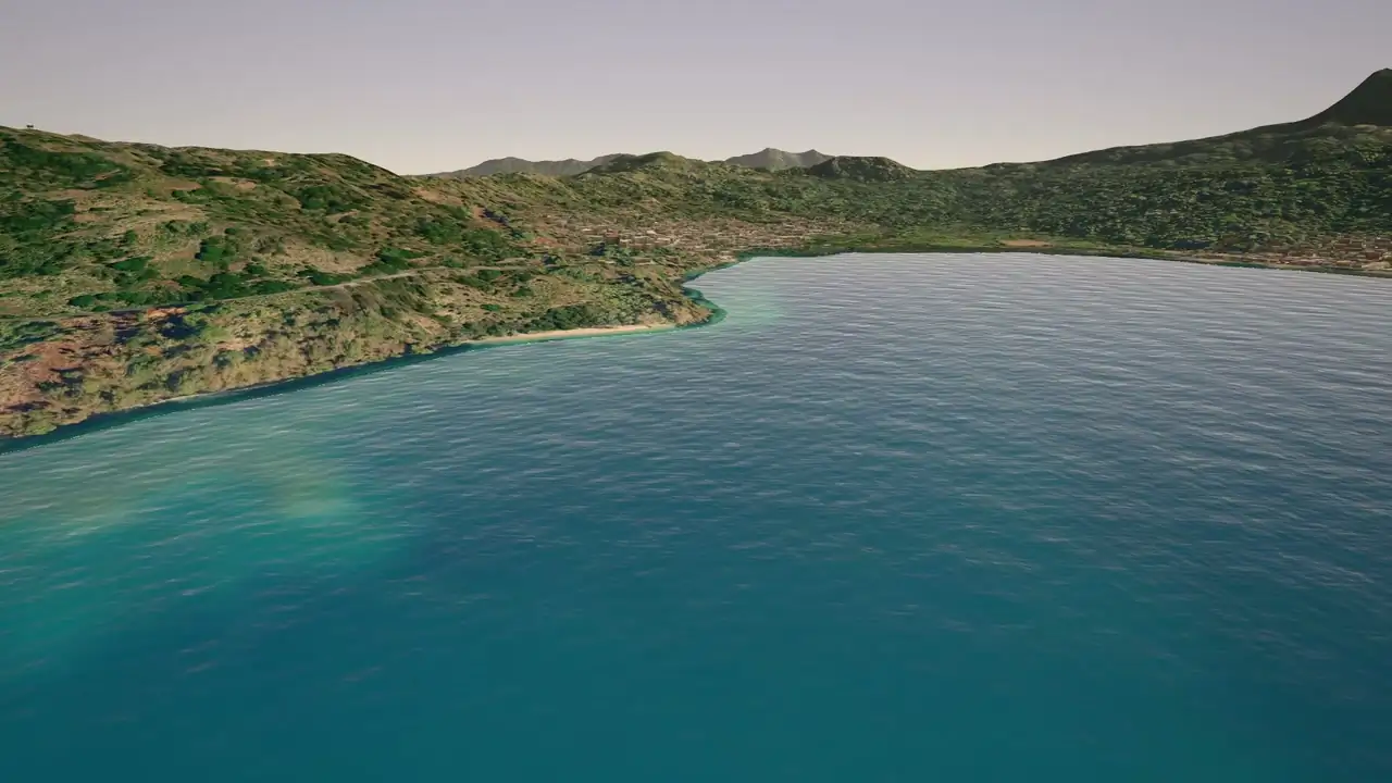 Vue 3D de la baie de Kani, le village au bord de l'eau.