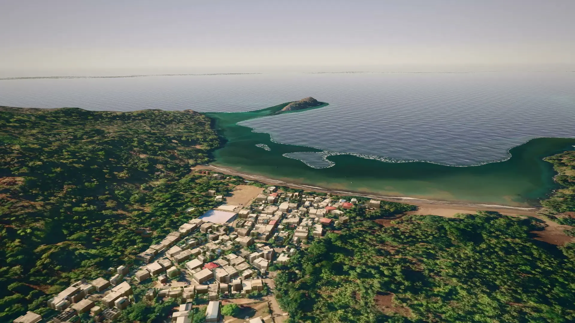 Vue 3D : le village de M'Bouini, la langue de sable et l'îlot sur le lagon.