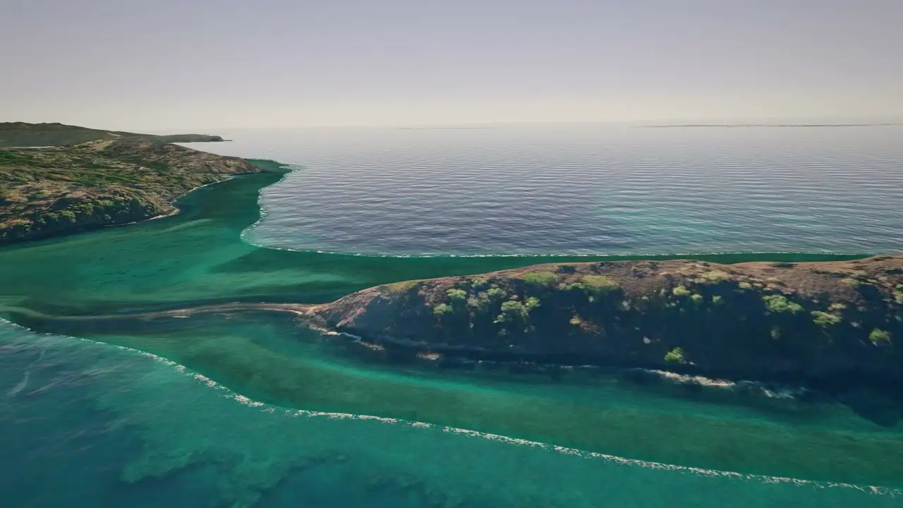 Vue 3D de l'îlot de M'Bouini entouré d'eau turquoise.