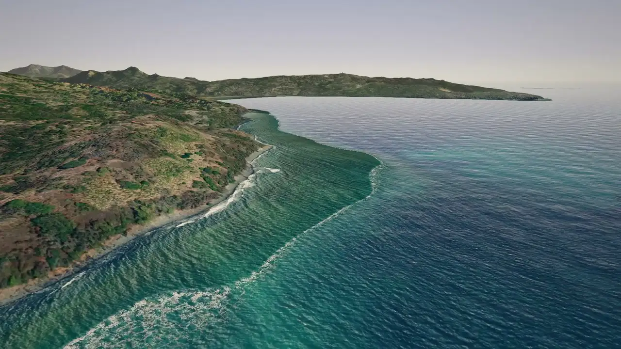 Vue 3D de la côte de Charifou, les vagues sur le récif.