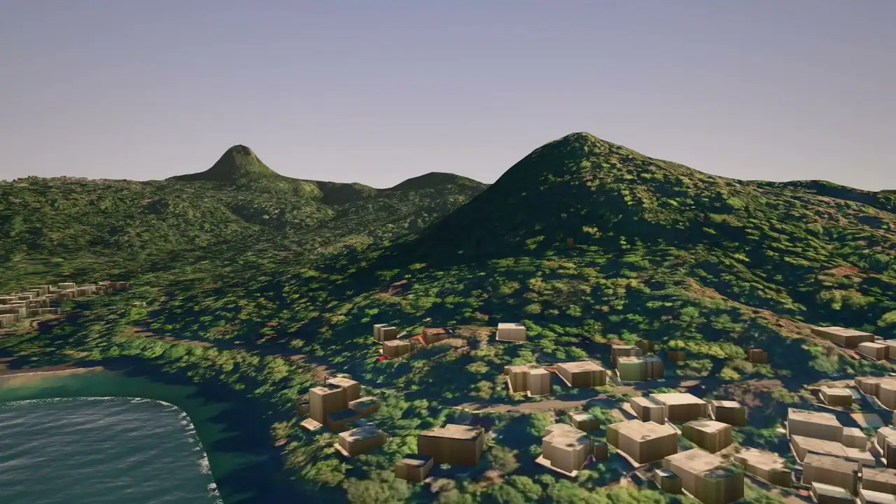 Vue 3D du village de Passi-Kéli sur sa colline, la plage en contrebas.