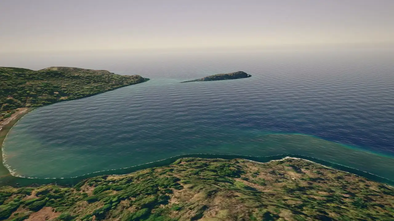 Vue 3D depuis les hauteurs de Tsiraka Bé : le lagon et l'îlot de M'Bouini.